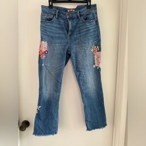 Johnny Was embroidered Baby Boot Cropped fringe Blue Jeans Stretch flowers 10 30